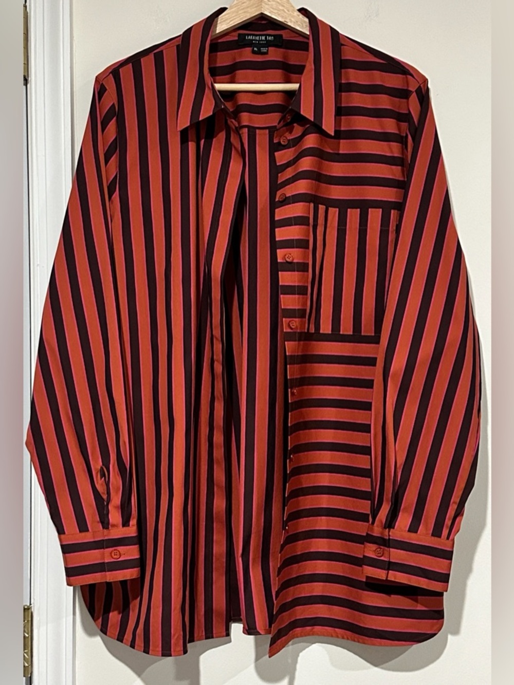 Lafayette 148 New York Oversized Striped Cotton Blend Button Down Shirt